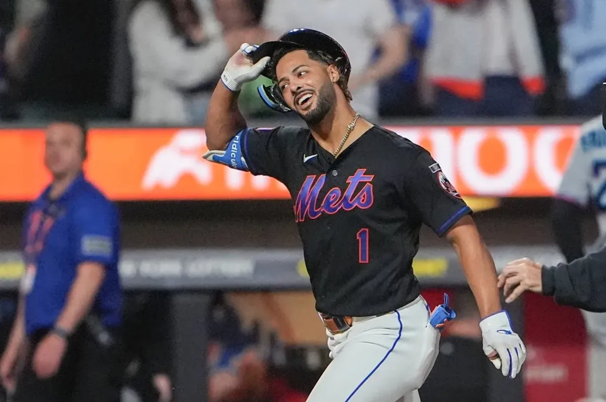 May 29, 2026; New York City, New York, USA; New York Mets designated hitter MJ Melendez (1) rounds the bases after hitting a two run walk off home run against the Miami Marlins during the tenth inning at Citi Field. Mandatory Credit: Gregory Fisher-Imagn Images
