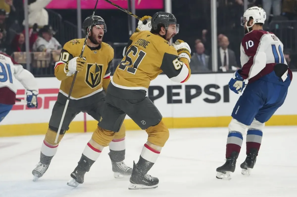 May 26, 2026; Las Vegas, Nevada, USA; Vegas Golden Knights right wing Mark Stone (61) celebrates scoring against Colorado Avalanche goaltender MacKenzie Blackwood (39) during the first period in game four of the Western Conference Final of the 2026 Stanley Cup Playoffs at T-Mobile Arena. Mandatory Credit: Stephen R. Sylvanie-Imagn Images