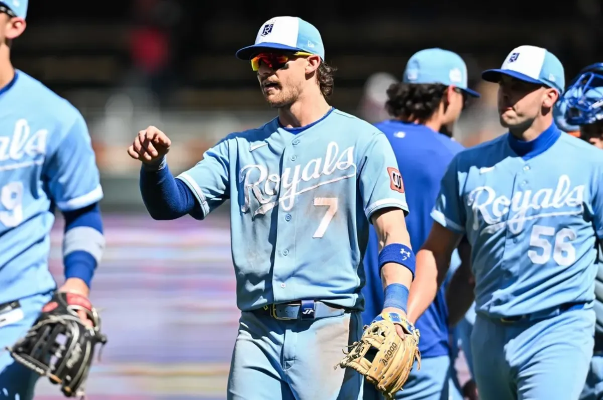 Jun 6, 2026; Minneapolis, Minnesota, USA; Kansas City Royals shortstop Bobby Witt Jr. (7) reacts with teammates after the game against the Minnesota Twins at Target Field. Mandatory Credit: Jeffrey Becker-Imagn Images
