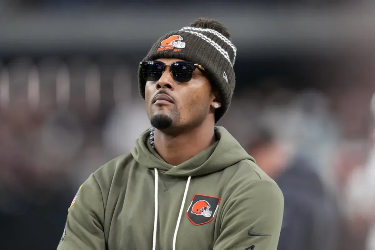 Nov 23, 2025; Paradise, Nevada, USA; Cleveland Browns quarterback Deshaun Watson watches on the sidelines against the Las Vegas Raiders in the second half at Allegiant Stadium. Mandatory Credit: Kirby Lee-Imagn Images