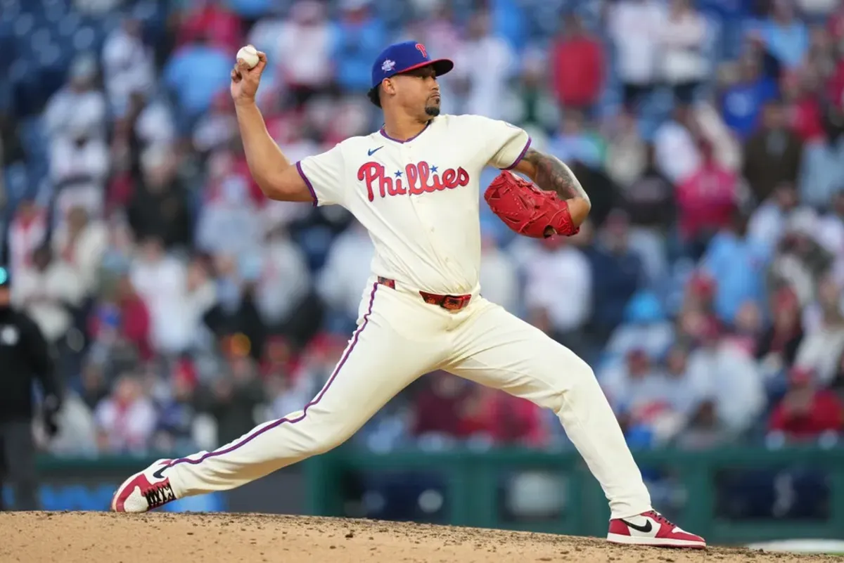Mar 28, 2026; Philadelphia, Pennsylvania, USA; Philadelphia Phillies relief pitcher Jhoan Duran (59) throws a pitch against the Texas Rangers in the tenth inning at Citizens Bank Park. Mandatory Credit: Kyle Ross-Imagn Images