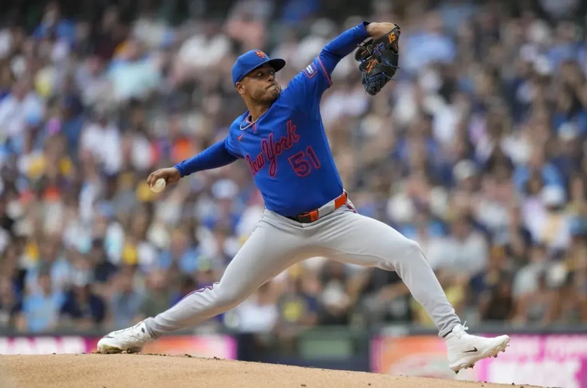 Jul 20, 2026; Milwaukee, Wisconsin, USA; New York Mets pitcher Freddy Peralta (51) during the game against the Milwaukee Brewers at American Family Field. Mandatory Credit: Jeff Hanisch-Imagn Images