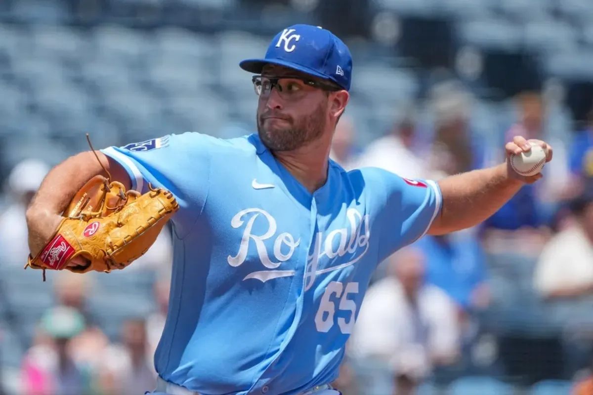 Jul 19, 2026; Kansas City, Missouri, USA; Kansas City Royals starting pitcher Noah Cameron (65) delivers a pitch against the San Diego Padres during the first inning at Kauffman Stadium. Mandatory Credit: Denny Medley-Imagn Images