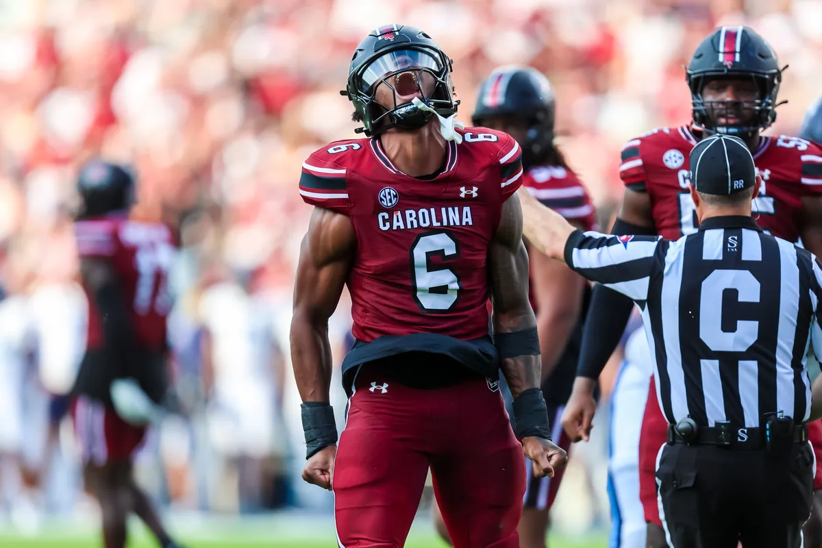 Aug 31, 2024; Columbia, South Carolina, USA; South Carolina Gamecocks edge Dylan Stewart (6) celebrates after a sack against the Old Dominion Monarchs in the second quarter at Williams-Brice Stadium. Mandatory Credit: Jeff Blake-USA TODAY Sports