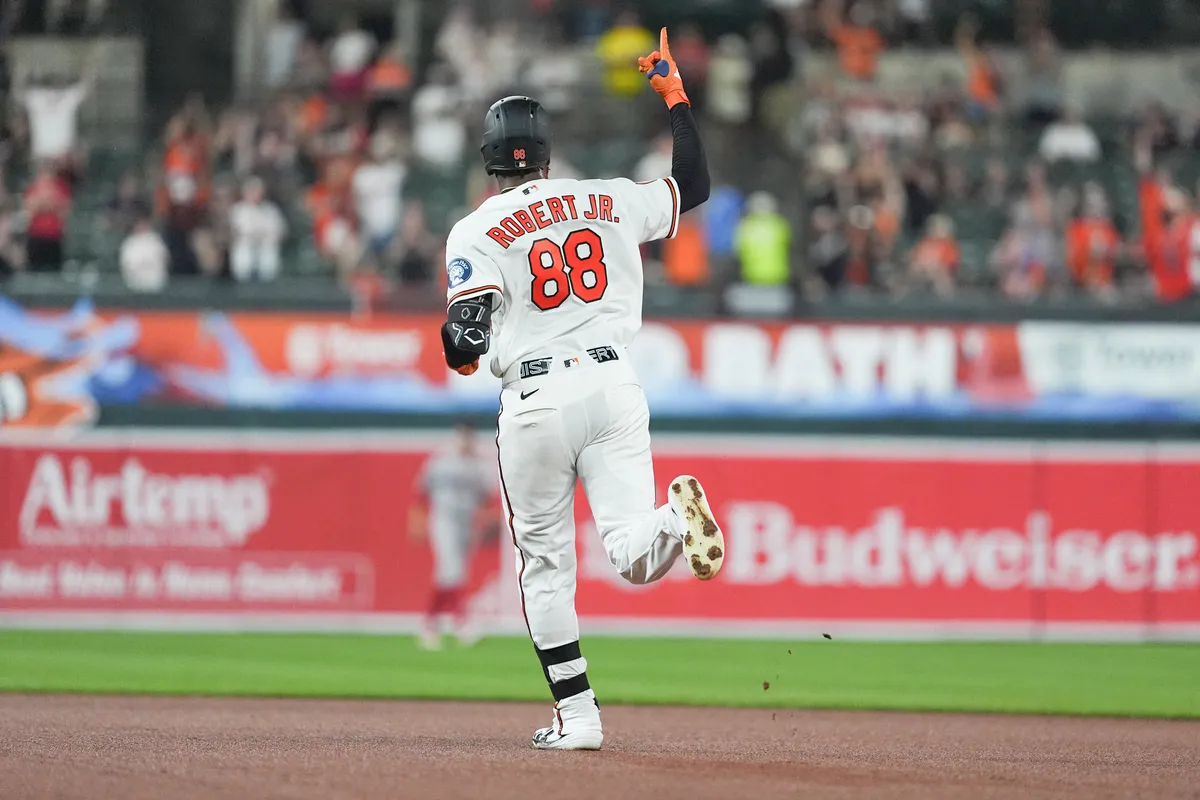 Sep 3, 2026; Baltimore, Maryland, USA; Baltimore Orioles center fielder Luis Robert Jr. (88) reacts to hitting a home run as he rounds the bases against the Boston Red Sox during the fourth inning at Oriole Park at Camden Yards. Mandatory Credit: Gregory Fisher-Imagn Images