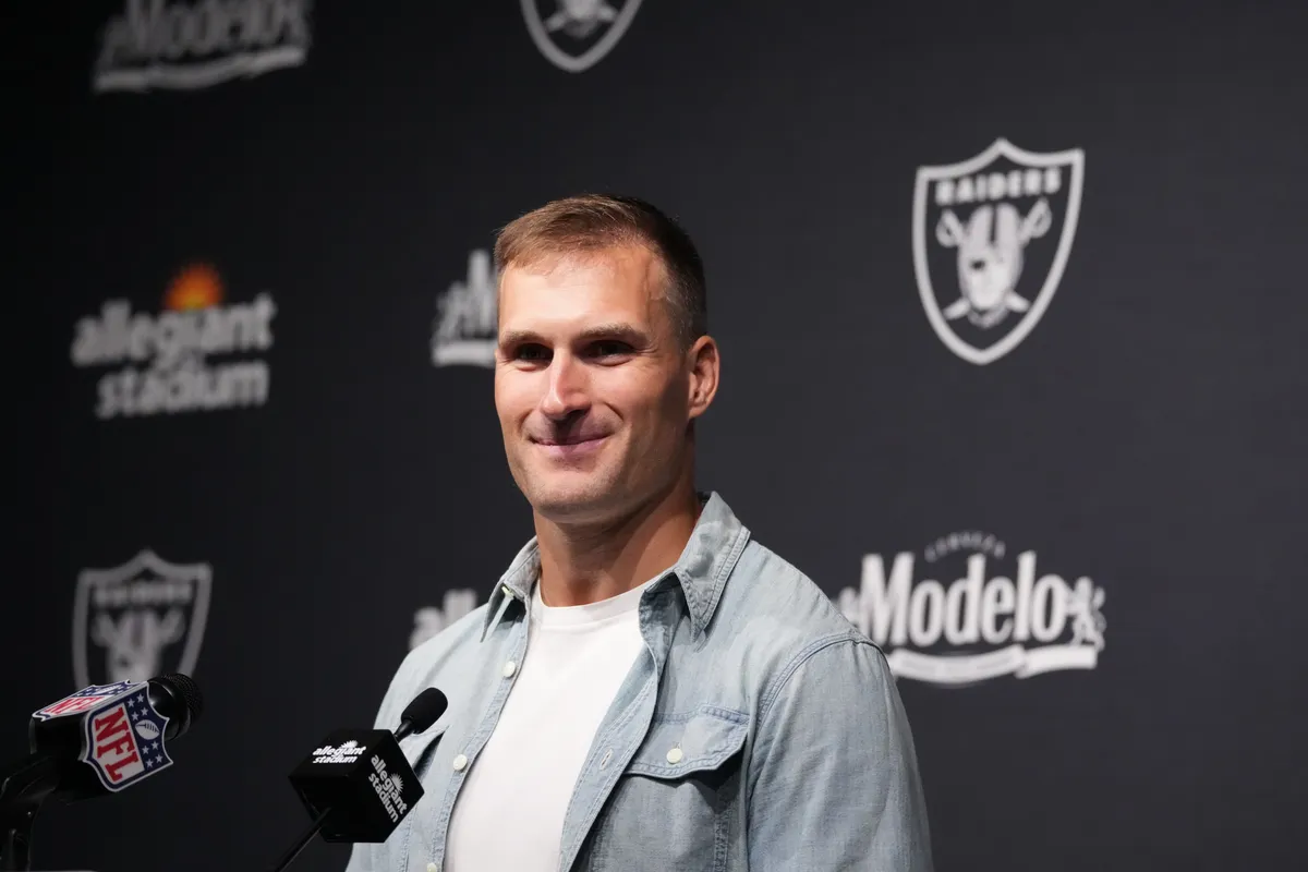 Sep 13, 2026; Paradise, Nevada, USA; Las Vegas Raiders quarterback Kirk Cousins (8) speaks with media after the game against against the Miami Dolphins at Allegiant Stadium. Mandatory Credit: Kirby Lee-Imagn Images