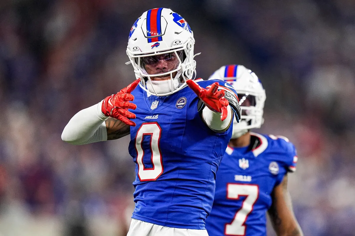 Buffalo Bills wide receiver Keon Coleman (0) celebrates a first down against Detroit Lions during the first half at Highmark Stadium in Orchard Park, NY, on Thursday, Sept. 17, 2026.
