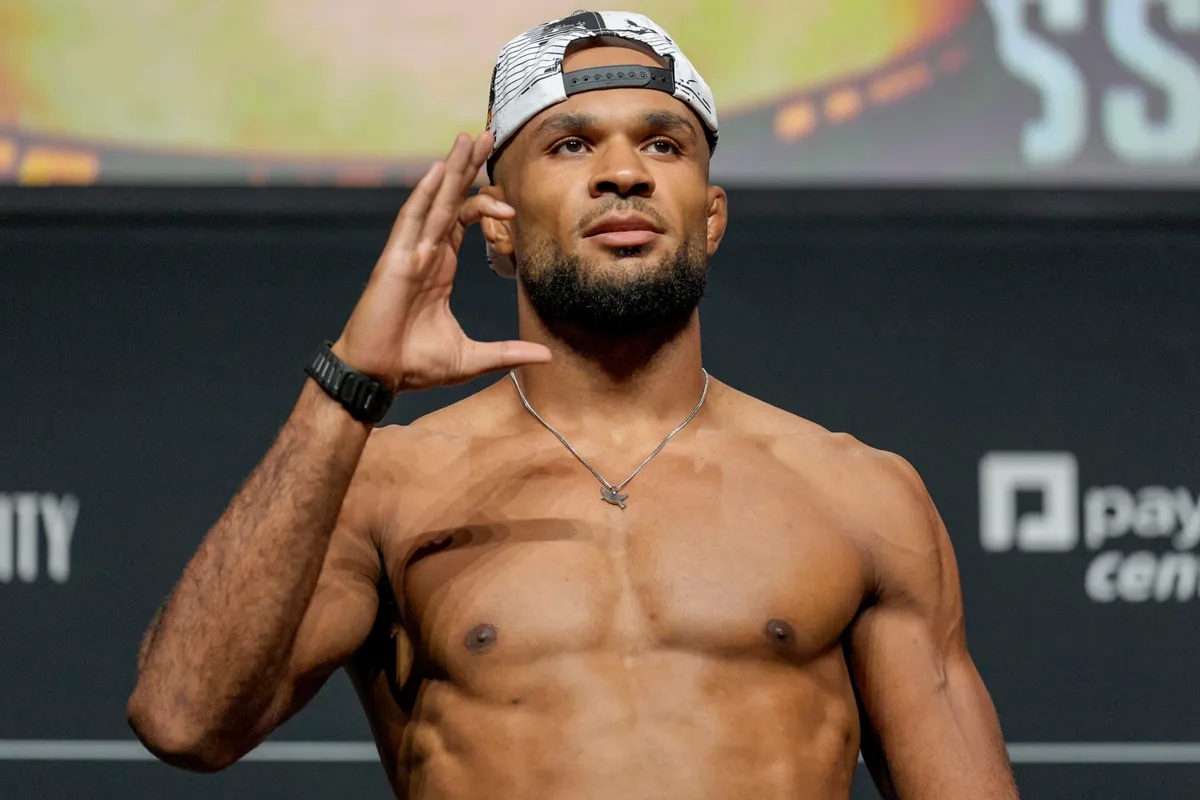 Christian Leroy Duncan stands on stage during the ceremonial weigh-in for UFC Fight Night at Paycom Center in Oklahoma City on Friday, July 17, 2026.
