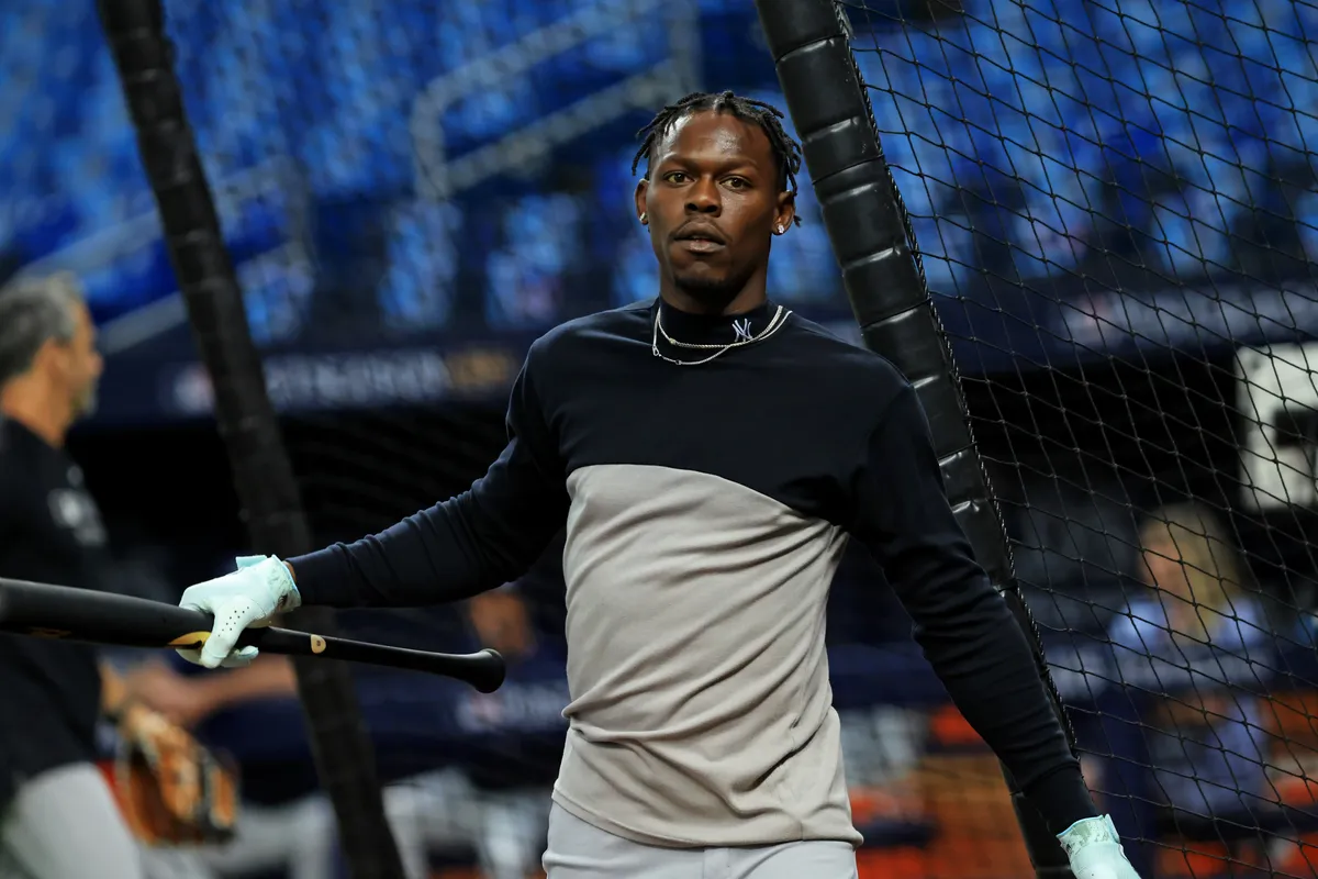 Oct 5, 2026; St. Petersburg, Florida, USA; New York Yankees second baseman Jazz Chisholm Jr. (13) warms up before the game against the Tampa Bay Rays in game two of the ALDS for the 2026 MLB Playoffs at Tropicana Field. Mandatory Credit: Kim Klement Neitzel-Imagn Images
